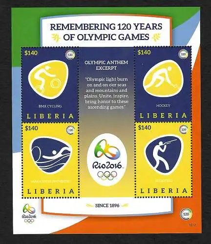 Liberia 2016: Remembering 120 years of Olympic Games, BMX cyclig, Lockey, ... **