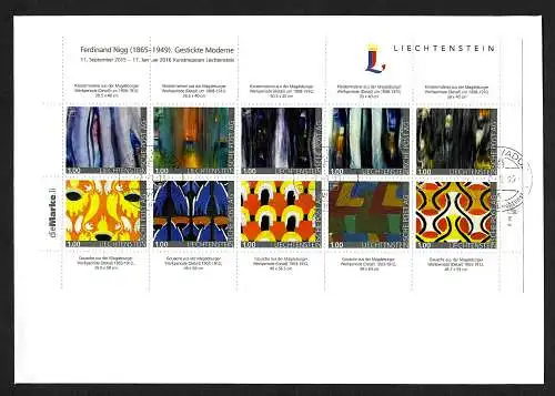 Liechtenstein 2015: Ferdinand Nigg, Gestickte Moderne, Kleinbogen als FDC