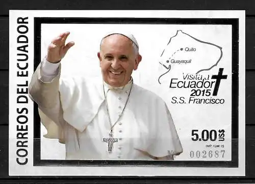 Ecuador 2015: große Briefmarke: Besuch von Papst Franciskus, postfrisch