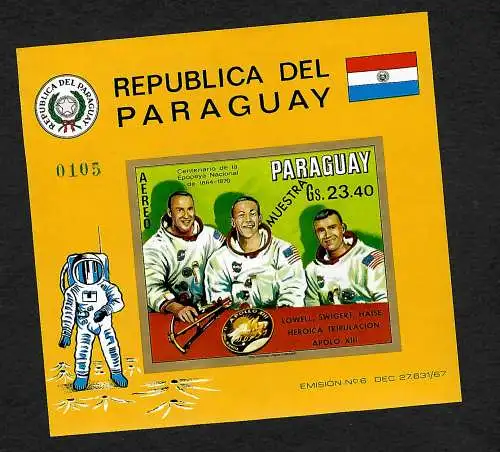 Paraguay: Besatzung Apollo 11, 50 Jahre Mondlandung, MUESTRA, postfrisch