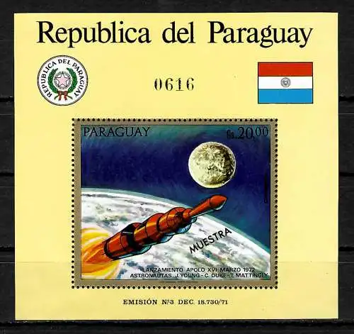 Paraguay: Apollo Mondprogramm, Saturn V Rakete, Block #181, MUESTRA, **