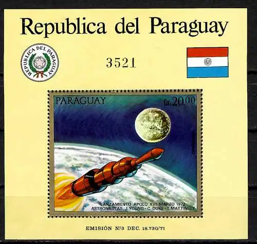 Paraguay: Apollo Mondprogramm, Saturn V Rakete, Block #181, postfrisch