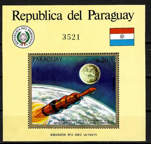 Paraguay: Apollo Mondprogramm, Saturn V Rakete, Block #181, postfrisch