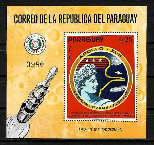 Paraguay: 50 Jahre Mondlandung, Apollo 17, Block #198, postfrisch