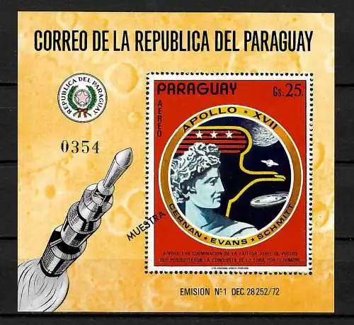 Paraguay: 50 Jahre Mondlandung, Apollo 17, Block #198, MUESTRA, postfrisch