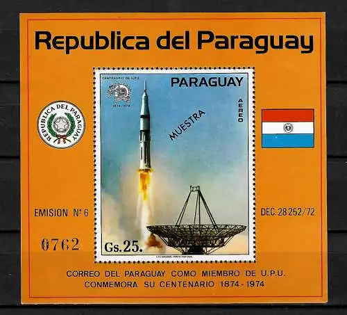 Paraguay: 50 Jahre Mondlandung,  Block #220, postfrisch MUESTRA