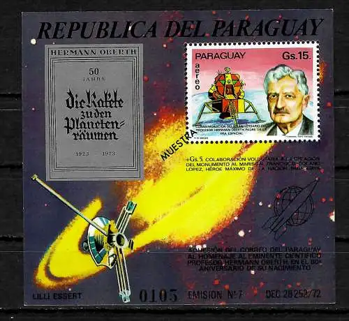 Paraguay: Hermann Oberth, Apollo 11, Weltraum, Block #224, postfrisch MUESTRA