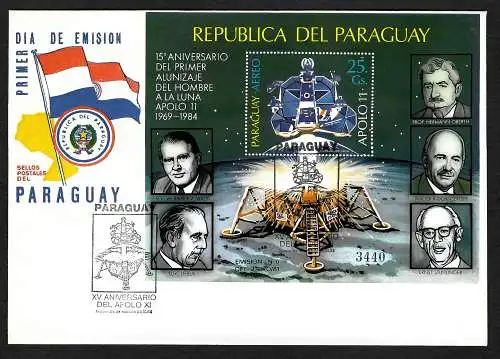 Paraguay: 15. Jahrestag Landung Apollo 11, Block #406, FDC