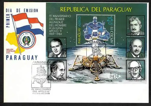 Paraguay: 15. Jahrestag Landung Apollo 11, Block #406, FDC, Bug links unten
