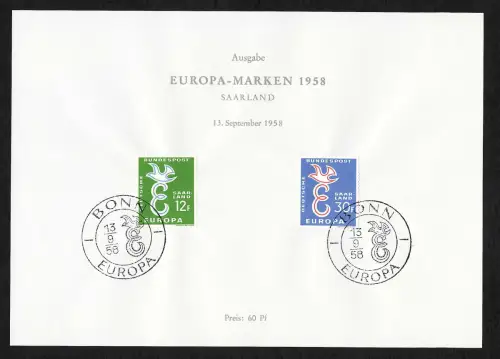 Bund: Europa 1958: #439-440, auf Sonderblatt - Saarland