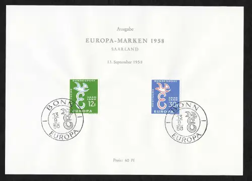 Saarland: Europa 1958: #439-440, auf Sonderblatt - Sonderstempel Bonn