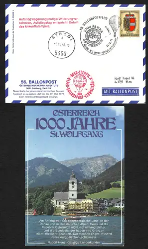 Österreich 1976: 1000 Jahr St. Wolfgang, Ballonpost Beleg, Bordstempel