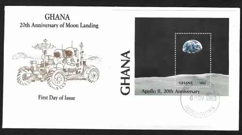 Ghana 1989: 20th Anniversary of Moon Landing, FDC, Apollo 11, Block #150