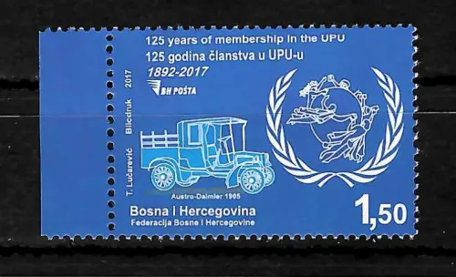Bosnien Herzegovina 2017: 125 years membership in the UPU, postfrisch, **