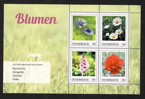 Österreich 2018:. Österreichs Blumen: Kornblume, Margerite, Gladiole, Nelke, **