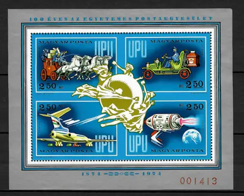 Ungarn 1974: Weltpostverein/Weltraum, Flugzeug, Block # 106I, postfrisch