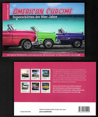Österreich 2018: American Chrome, Postkarten und Markenheftchen, postfrisch