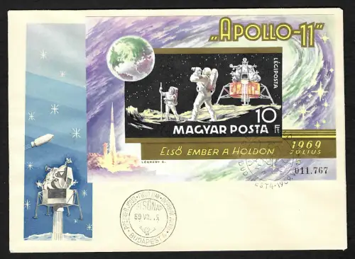Ungarn: Apollo 11, Erste bemannte Mondlandung, 1969, Block 72B, FDC