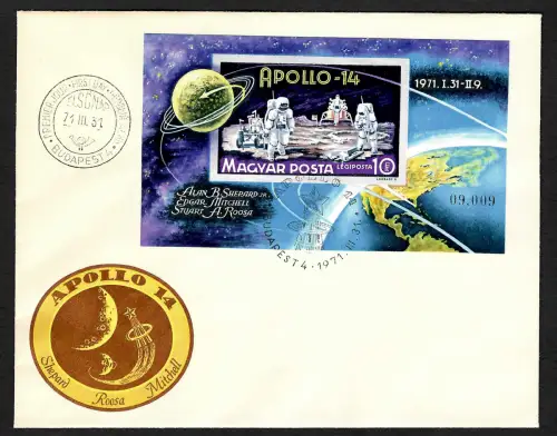 Ungarn: Apollo 14, Mondlandung, 1969, Block 80B, FDC
