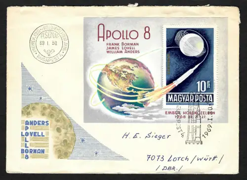 Ungarn: Einschreiben Apollo 15, Mondlandung, 1969, Block 68B, FDC