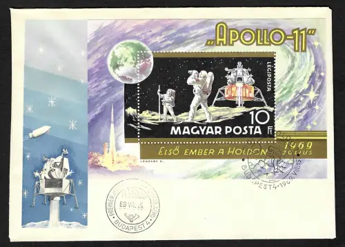 Ungarn: Apollo 11, Erste bemannte Mondlandung, 1969, Block 72A, FDC