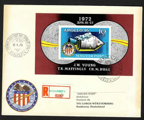 Ungarn: Apollo 15, Mondlandung, 1969, Block 93A, FDC, Einschreiben