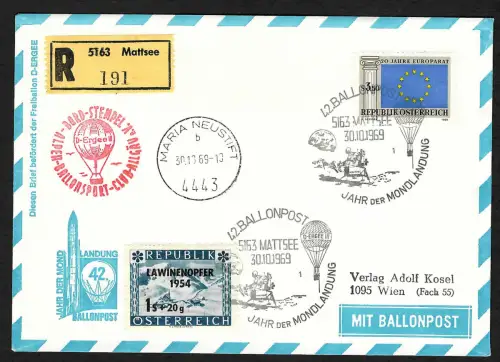 Österreich 1969: Einschreiben Ballonpost Beleg, Mondlandung, Lawinenopfer