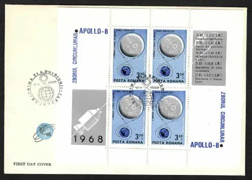 Rumänien 1969: Apollo 8, Mondprogramm, Weltraumbeleg mit Block 69