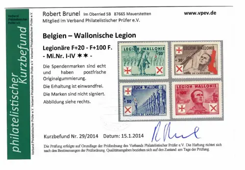 Belgien - Wallonische Legion, MiNr. I-IV, postfrische Spendenmarken, Befund