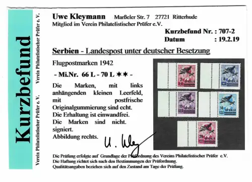 Serbien 1942: MiNr. 66L-70L, postfrisch mit Leerfeld, Befund