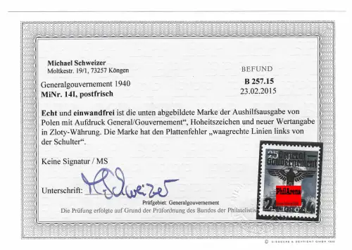Generalgouvernement (GG) 14-39  Plattenfehler MiNr. 14I BPP geprüft
