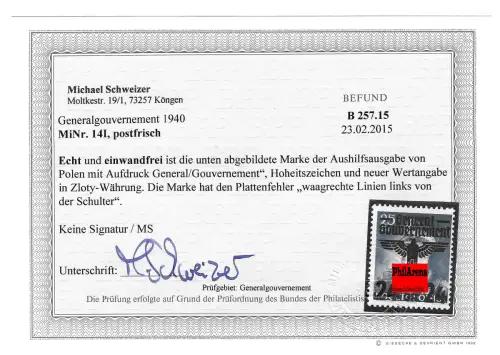 Generalgouvernement (GG) 14-39  Plattenfehler MiNr. 14I BPP geprüft