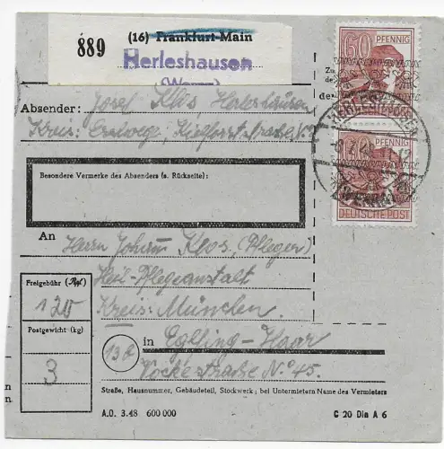 Paketkarte Herleshausen nach Eglfing, 1948, #49 I (vermutlich a)