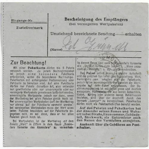 Paketkarte Herleshausen nach Eglfing, 1948, #49 I (vermutlich a)
