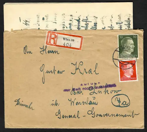 Generalgouvernement GG: Späte Post: 24.7.44 nach Lukow, nicht mehr zustellbar