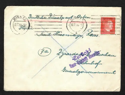 Generalgouvernement GG: Späte Post: 30.7.44 nach Warschau - Aufstand