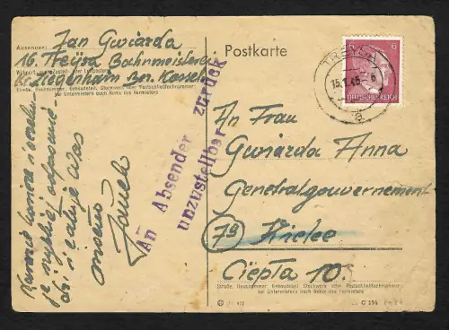 Generalgouvernement GG: Späte Post: 15.1.45:Treysa nach Kielce - Postsperre