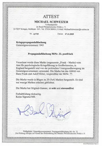 Propagandafälschung MiNr. 33, Generalgouvernement - Hans Frank Marke, BPP Attest