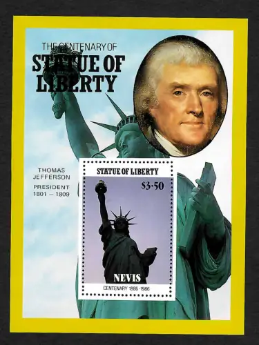 Nevis: 100 Jahre Statue of Liberty - Freiheitsstatue, Block, Thomas Jefferson **