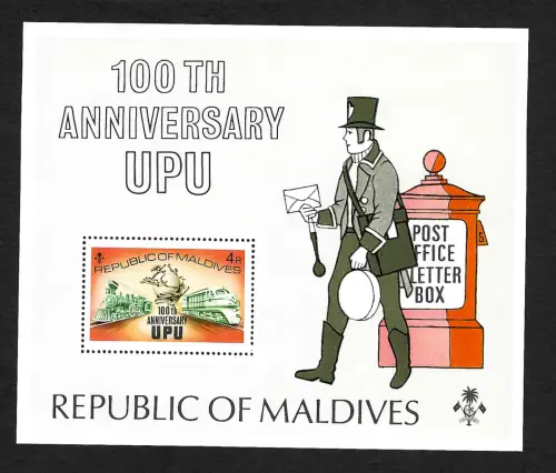 Malediven: 100th Anniversary UPU, 100 Jahre Weltpostverein, Bloc **