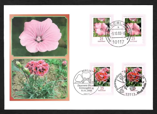 Bund 2008: FDC Dauerserie Blumen, Maxi-Rolle, 3x Sonderstempel