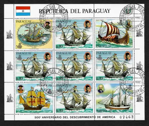 Paraguay 1985: Schiffe, Seefahrer, Block gestempelt 500 Jahre Entdeckung Amerika