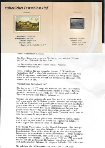 Österreich 2010: Silbermarke #5, Kaiserliches Festschloss Hof, Feinsilber 999