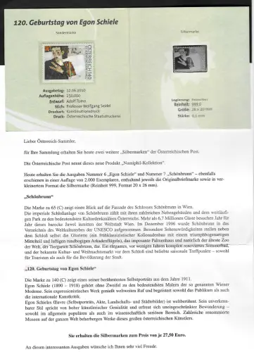 Österreich 2010: Silbermarke #6, 120.Geburtstag von Egon Schiele, Feinsilber 999