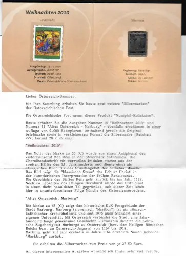 Österreich 2010: Silbermarke #10, Weihnachten 2010, Feinsilber 999