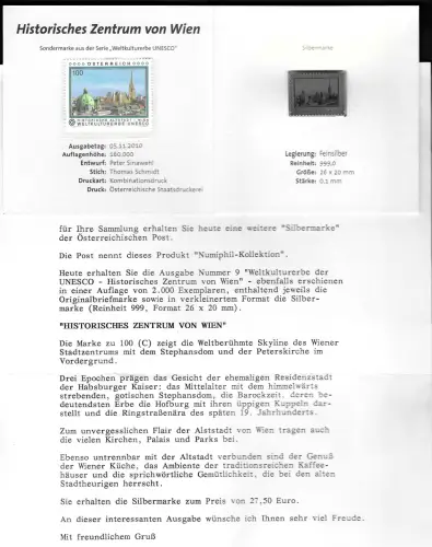 Österreich 2010: Silbermarke #9, Historisches Zentrum von Wien, Feinsilber 999