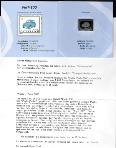 Österreich 2011: Silbermarke #12, Puch 500, Feinsilber 999