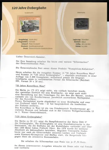 Österreich 2011: Silbermarke #14, 120 Jahre Erzbergbahn, Feinsilber 999