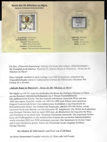 Österreich 2013: Silbermarke #25, Ikone des Hl. Nikolaus zu Myra, Feinsilber 999
