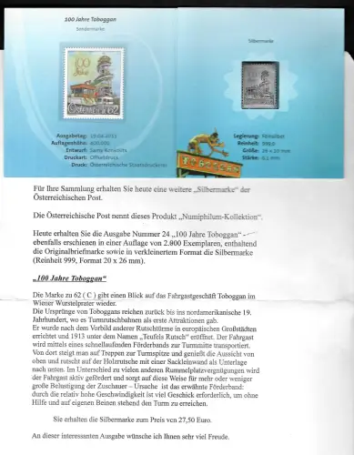 Österreich 2013: Silbermarke #24, 100 Jahre Toboggan, Feinsilber 999